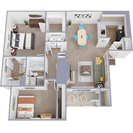A 3D floor plan of a house with multiple rooms and furniture.