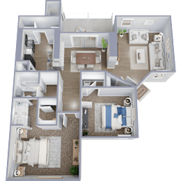 A 3D floor plan of a house with multiple rooms and furniture.