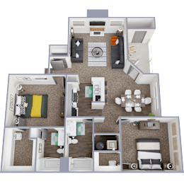 A 3D rendered image of a house layout with multiple rooms.