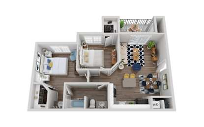 A top-down view of a house interior with a kitchen, living room, and dining area.