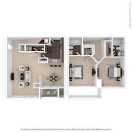 A floor plan of a two-bedroom apartment with a kitchen and living room.