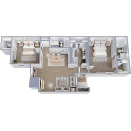 A 3D floor plan of a house with two bedrooms, a living room, a kitchen, and a bathroom.