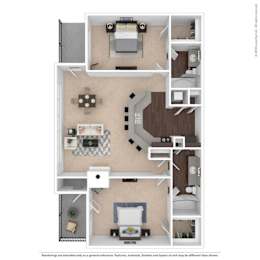 A floor plan of a house with a kitchen, living room, and two bedrooms.