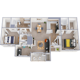 A 3D floor plan of a house with a kitchen, living room, dining room, and bedrooms.