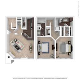 A floor plan of a two-bedroom apartment with a kitchen and living room.