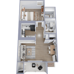 A 3D floor plan of a small apartment with a living room, kitchen, and bedroom.