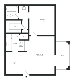 A black and white floor plan of a house with a bedroom, bathroom, kitchen, dining area, and living room.