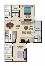 C - 2 Bedroom 2 Bath 917 Sq. Ft. Floor Plan at Trinity Village Apartments, Dallas