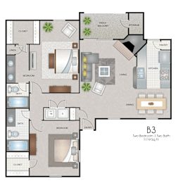 A floor plan of a B3 sized room with a kitchen, living room, dining room, and two bedrooms.