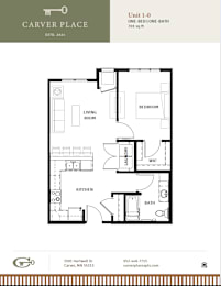 A floor plan for a one-bedroom, one-bath apartment at Carver Place.