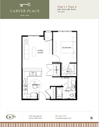 A floor plan for a one-bedroom, one-bath apartment at Carver Place.