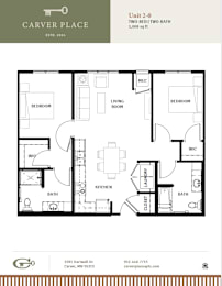 A floor plan for a two-bedroom, two-bathroom apartment at Carver Place.