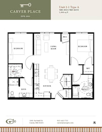 A black and white image of a floor plan for a two-bedroom, two-bathroom apartment.