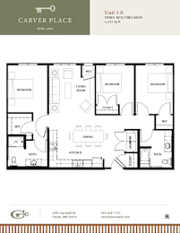 A floor plan for a three-bedroom, two-bathroom apartment.