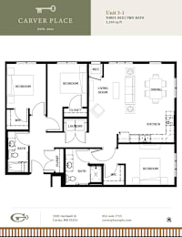 A floor plan for a three-bedroom, two-bathroom apartment at Carver Place.