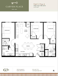 A floor plan for a three-bedroom, two-bathroom unit at Carver Place.