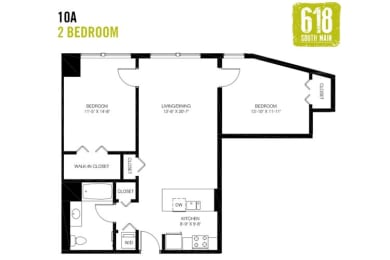 Floor Plan  Two Bedroom 1 Bath 993 sq. ft.