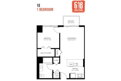 Floor Plan  One Bedroom 1 Bath 696 sq. ft.