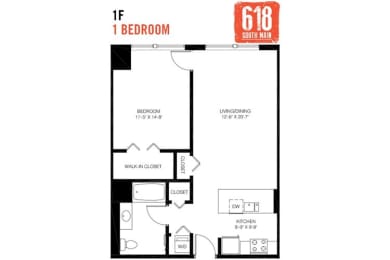 Floor Plan  One Bedroom 1 Bath 785 sq. ft.