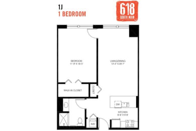 Floor Plan  One Bedroom 1 Bath 796 sq. ft.