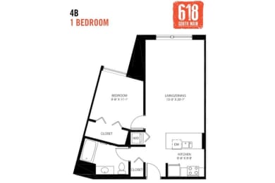 Floor Plan  One Bedroom 1 Bath 777 sq. ft.