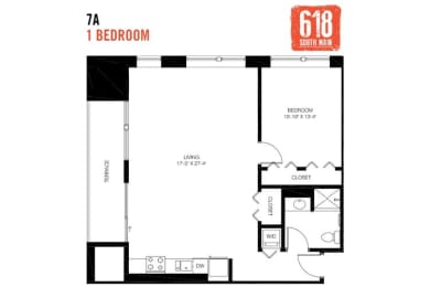 Floor Plan  One Bedroom 1 Bath 945 sq. ft.