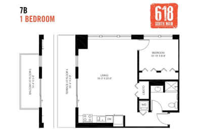 Floor Plan  One Bedroom 1 Bath 718 sq. ft.