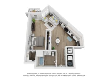 Floor Plan  a stylized floor plan of a 1 bedroom apartment with a bathroom and a balcony