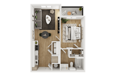 Floor Plan  A small apartment with a bedroom, living room, and kitchen area.