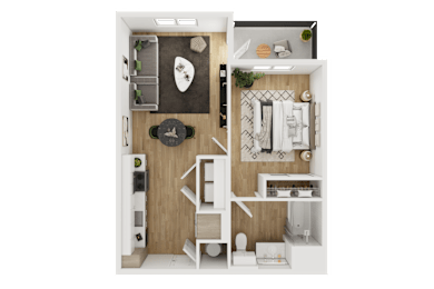 Floor Plan  A small room with a bed, a desk, and a chair.