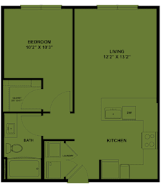 Floor Plan  A floor plan of a small apartment with a bedroom, living room, kitchen, bathroom, and laundry area.