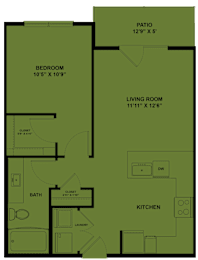 Floor Plan  A floor plan of a house with a patio, bedroom, living room, kitchen, bath, and laundry area.