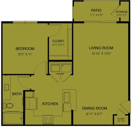 Floor Plan  the floor plan of this 1 bedroom floor plan has a living room and dining room