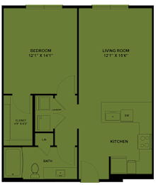 Floor Plan  A floor plan of a small apartment with a bedroom, living room, kitchen, bathroom, and laundry area.