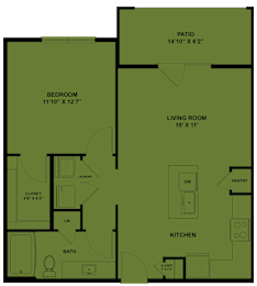 Floor Plan  A floor plan of a house with a bedroom, living room, kitchen, and bathroom.
