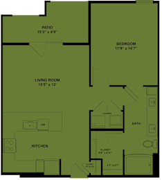 Floor Plan  A floor plan of a house with a kitchen, living room, bedroom, bathroom, and laundry room.