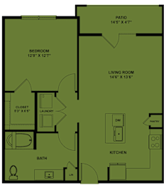 Floor Plan  A floor plan of a house with a bedroom, bath, pantry, and living room.
