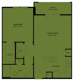 Floor Plan  A floor plan of a house with a bedroom, living room, kitchen, bath, and closet.