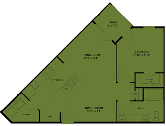 Floor Plan  A floor plan of a house with a kitchen, living room, dining room, bedroom, bathroom, and laundry area.