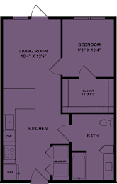 Floor Plan  A purple floor plan of a house with a living room, kitchen, bathroom, bedroom and laundry.