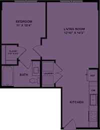 Floor Plan  A purple and green floor plan of a house with a bedroom, living room, bathroom, laundry, kitchen, and closet.