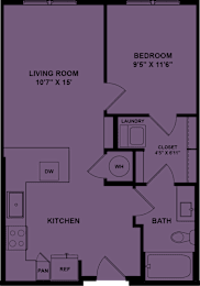 Floor Plan  A purple floor plan of a house with a living room, kitchen, bathroom, and bedroom.