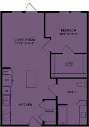 Floor Plan  A purple floor plan of a house with a living room, kitchen, bath, and bedroom.