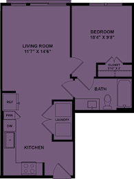 Floor Plan  A floor plan of a room with a living room, kitchen, bathroom, and bedroom.