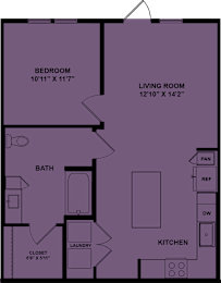 Floor Plan  A floor plan of a room with a bedroom, living room, bath, kitchen, and closet.