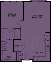 Floor Plan  A purple floor plan of a house with a bedroom, living room, bathroom, laundry, kitchen, and closet.