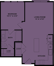 Floor Plan  A floor plan of a room with a bedroom, living room, bath, laundry, closet, and kitchen.