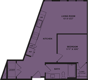 Floor Plan  A floor plan of a small apartment with a living room, kitchen, bedroom, bathroom, and laundry area.