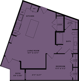 Floor Plan  A purple floor plan of a house with a living room, kitchen, and bathroom.