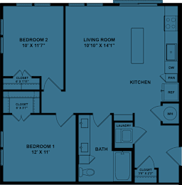 Floor Plan  A blueprint of a house layout with labeled rooms and dimensions.